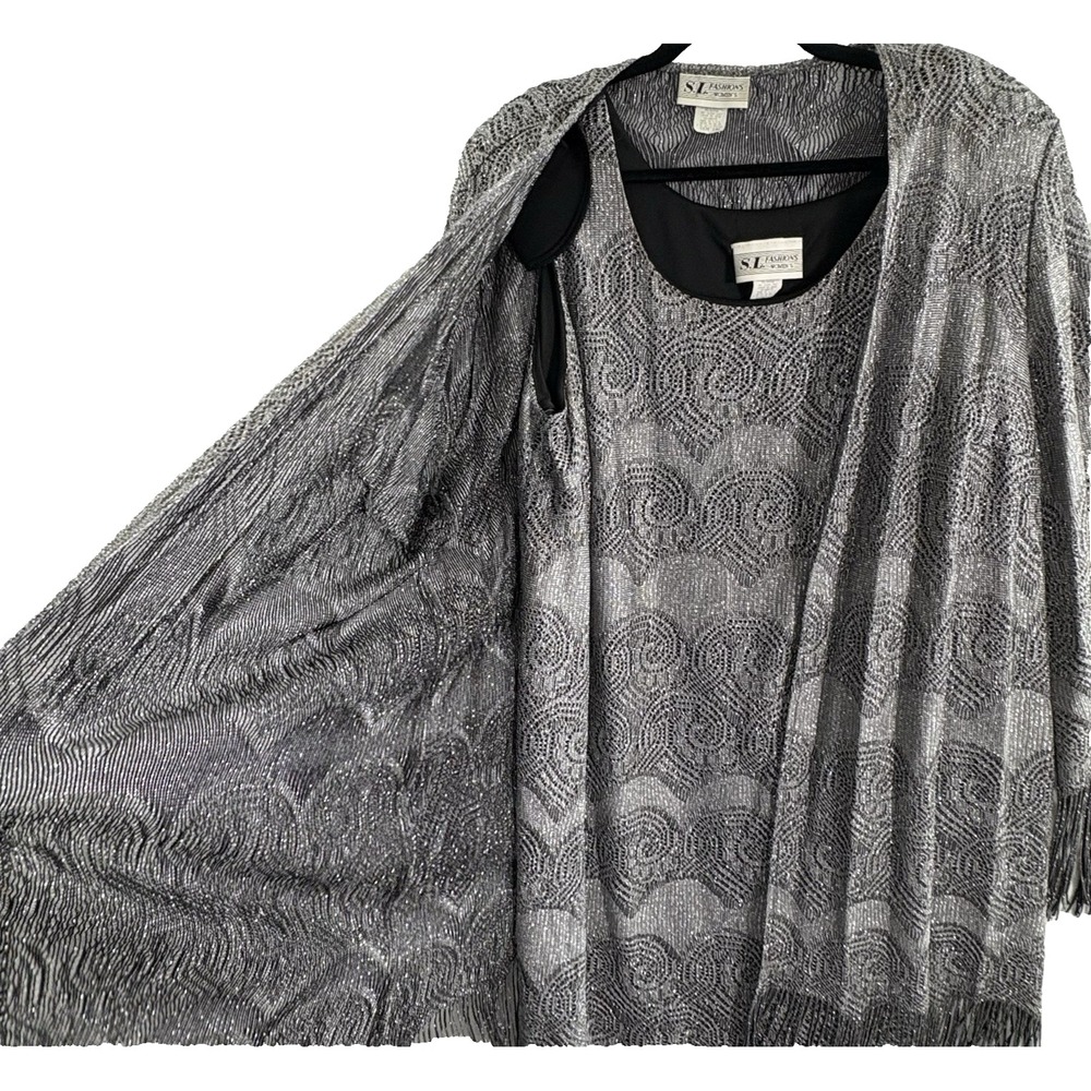 Vtg SL FASHIONS Women 2pc Set Sleeveless Fringe Dress Sz 18 Metallic Silver 12-6